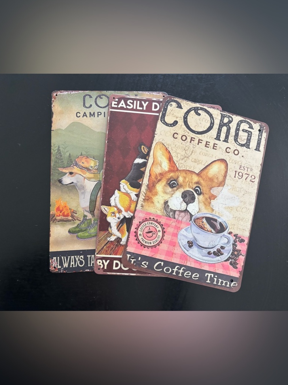 Lot of 3 Vintage Style Corgi Metal Signs: like new!